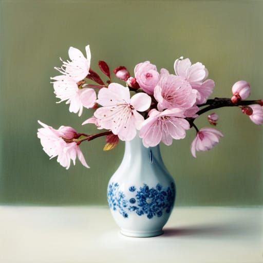Cherry Blossom Still Life in Japanese Painting Style