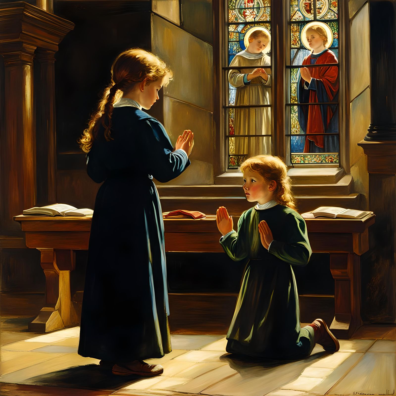 Children Praying in Church, Pre-Raphaelite Style