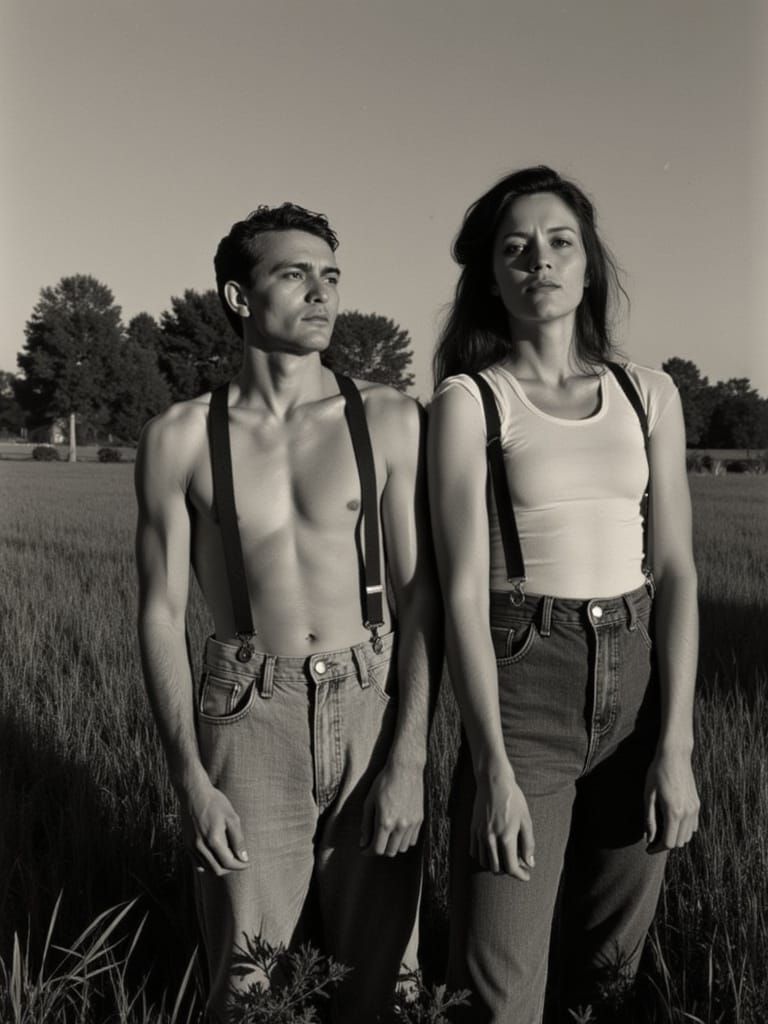 Rugged American Couple Stands Tall Amidst the Rustic Farmhou...