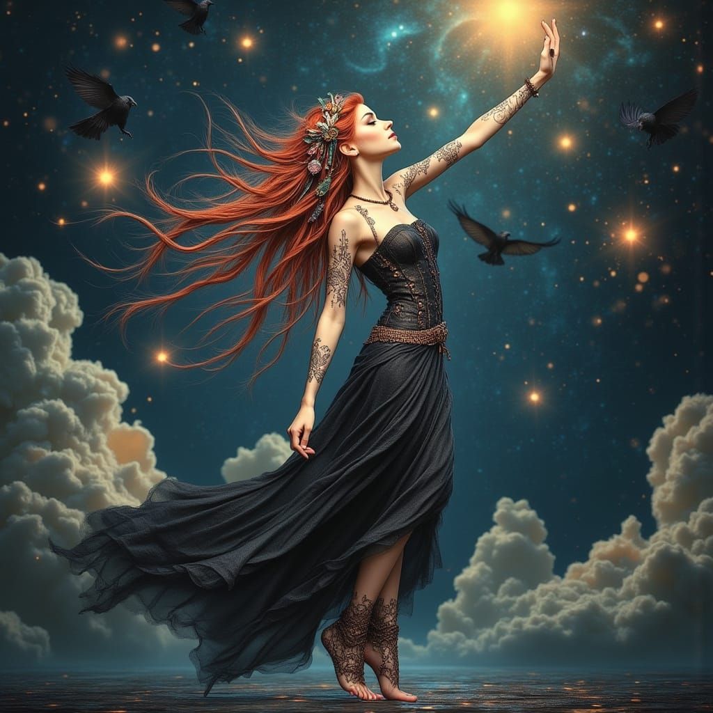 Fae Queen Dancing Under Neon Starry Sky