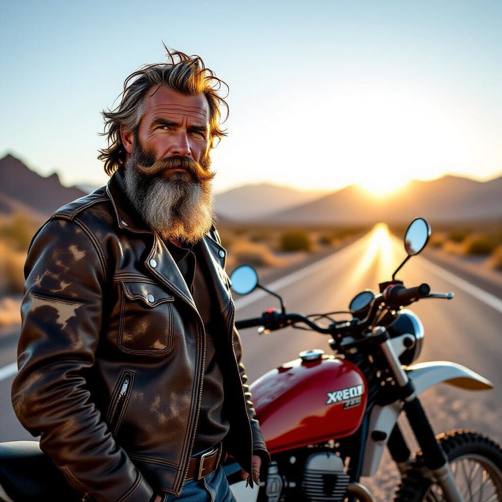 Biker and Motorcycle on Desert Highway