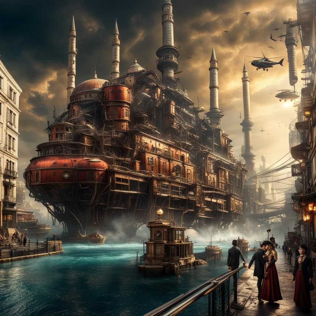 Futuristic Steampunk Istanbul with Hagia Sophia, Hyperrealis...