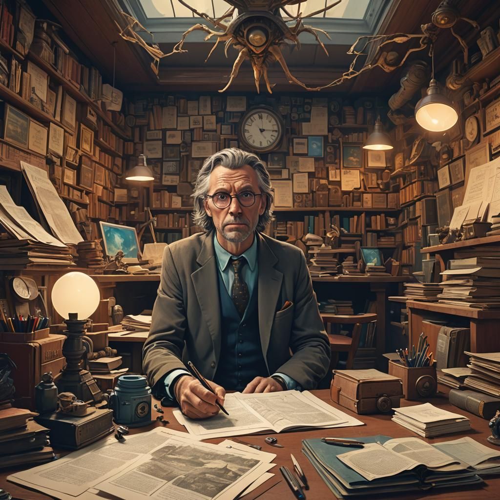 Witty Copywriter in a Magical Office, Fantasy Art