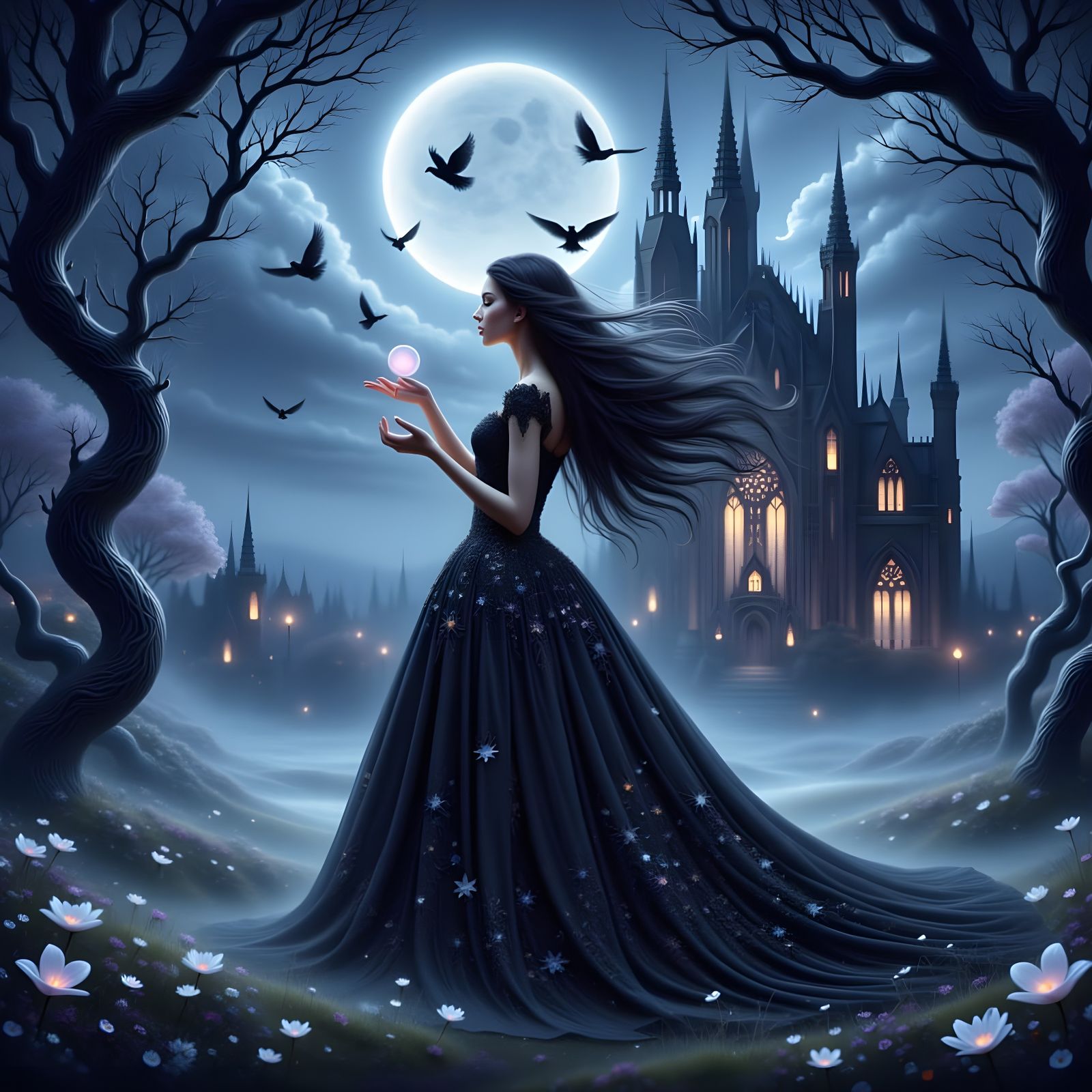 Gothic Fantasy Night Scene: Woman Under Crescent Moon