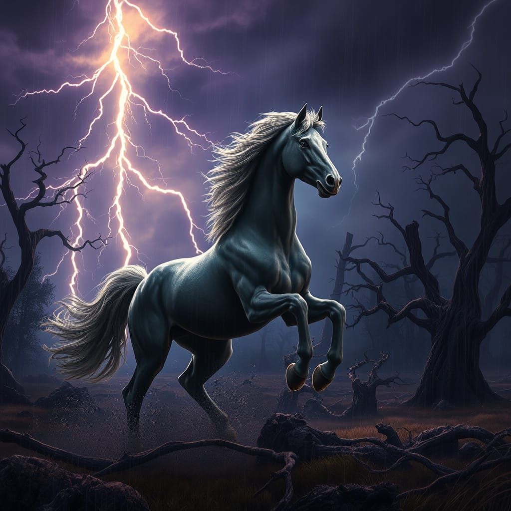 Galloping Horse Charging Through Thunderstorm in Dark Fantas...