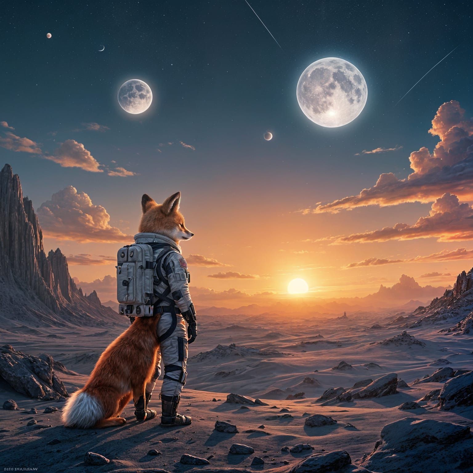 Astronaut Fox Gazing at Binary Sunset on Alien Planet