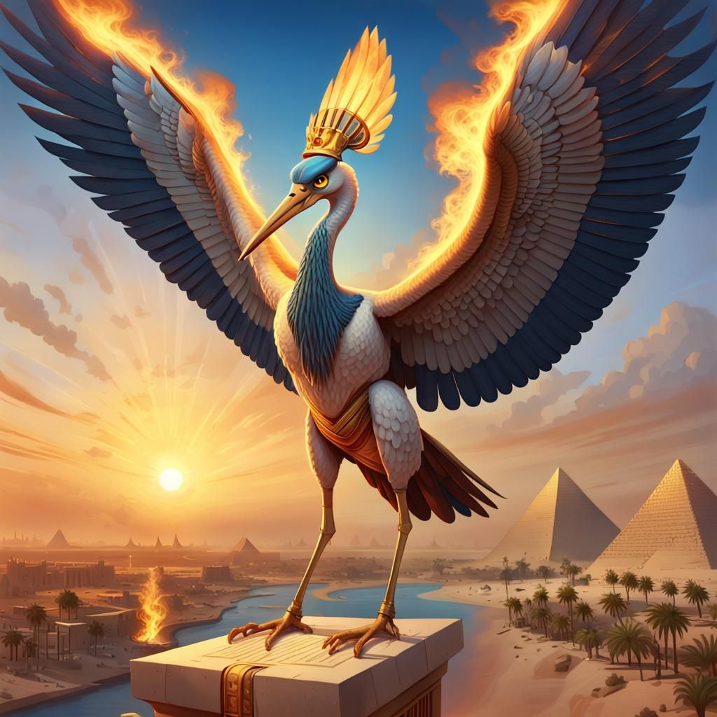 Bennu: Egyptian Heron Deity in Volumetric Cartoon Oil Paint