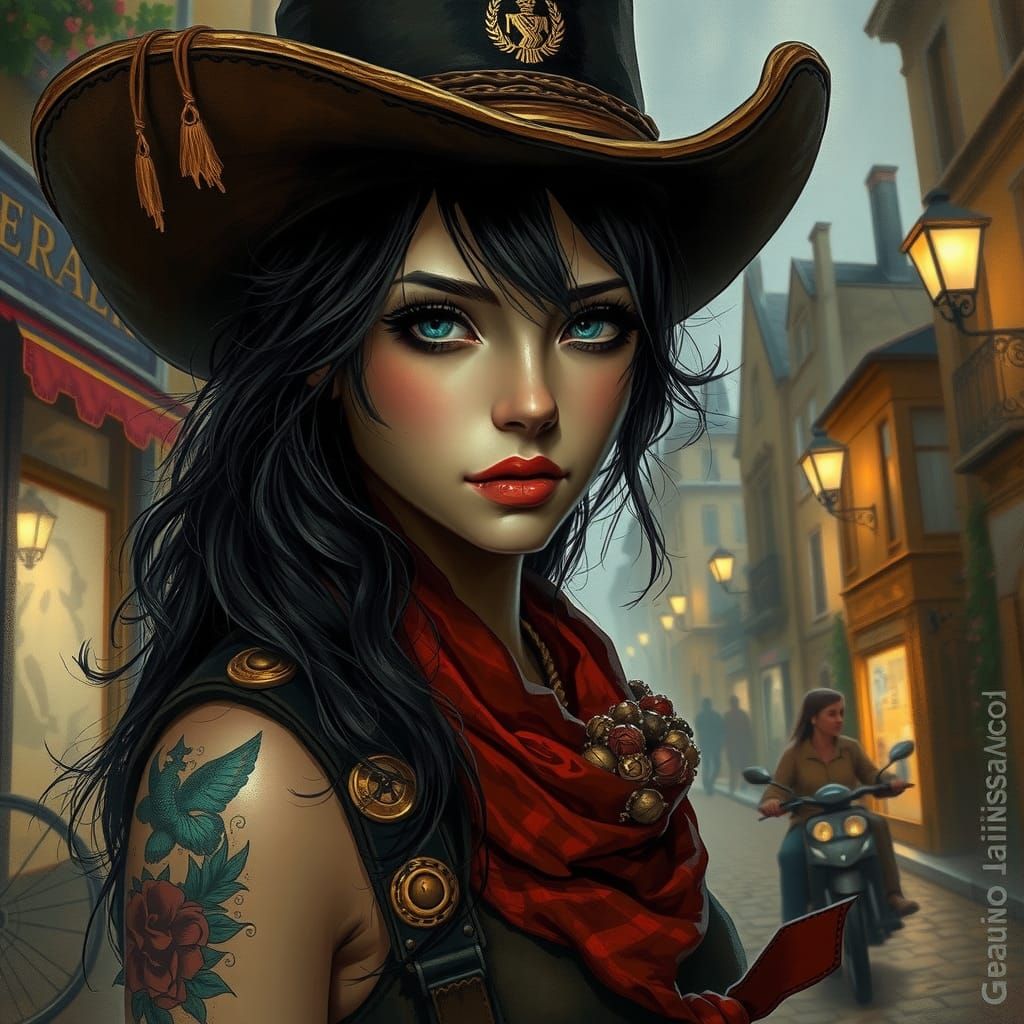 Cowgirl in Dark Fantasy French Street, Digital Art