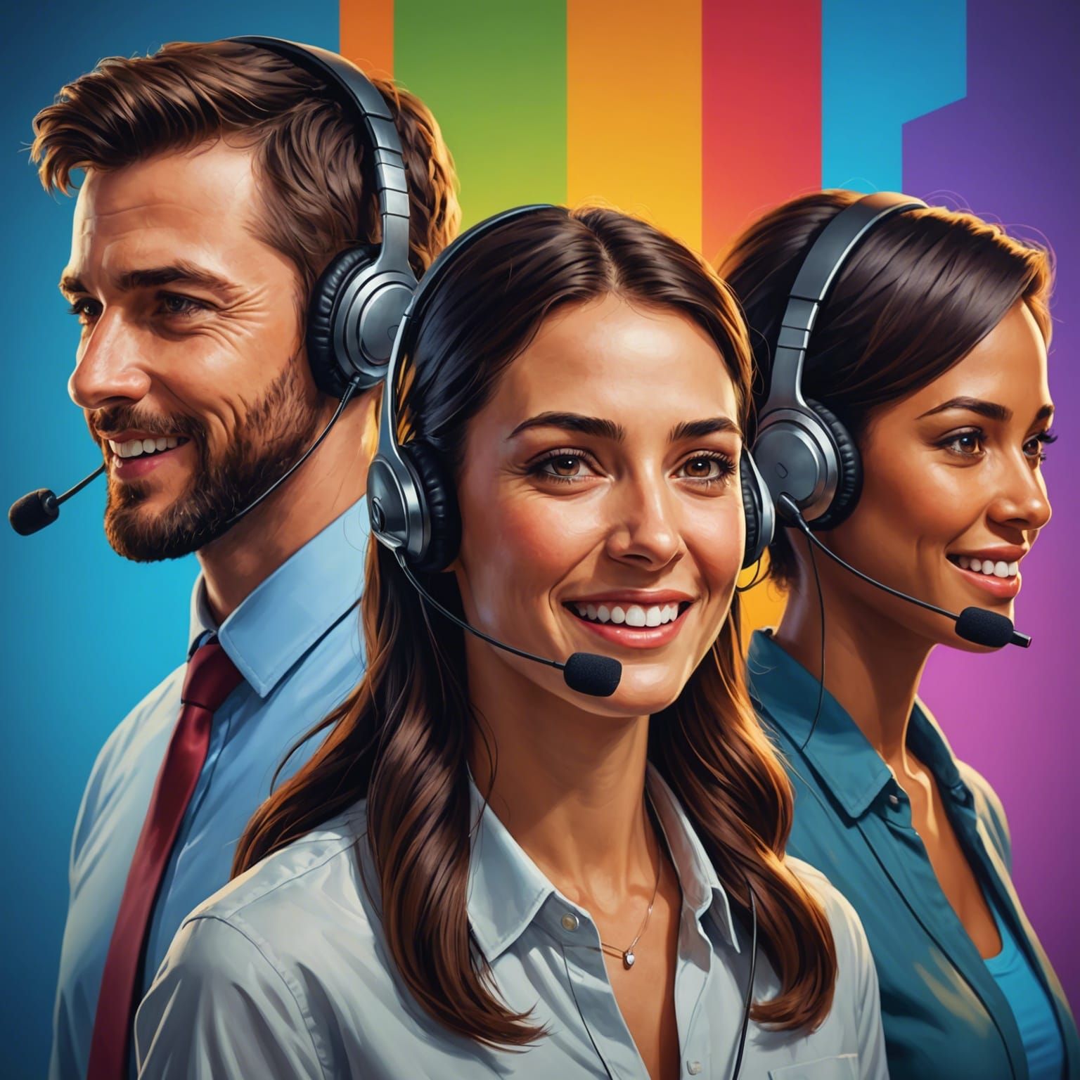 Happy Call Center Agents in Hyperrealistic Splash Art