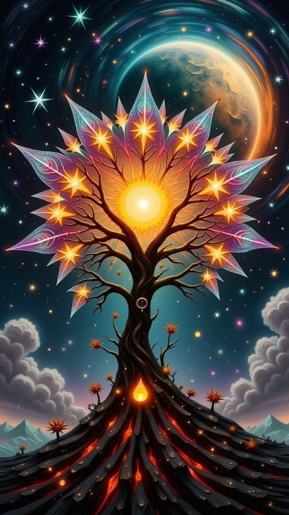 Glowing Magical Gemstone Tree at the Earth's Core in a Surre...