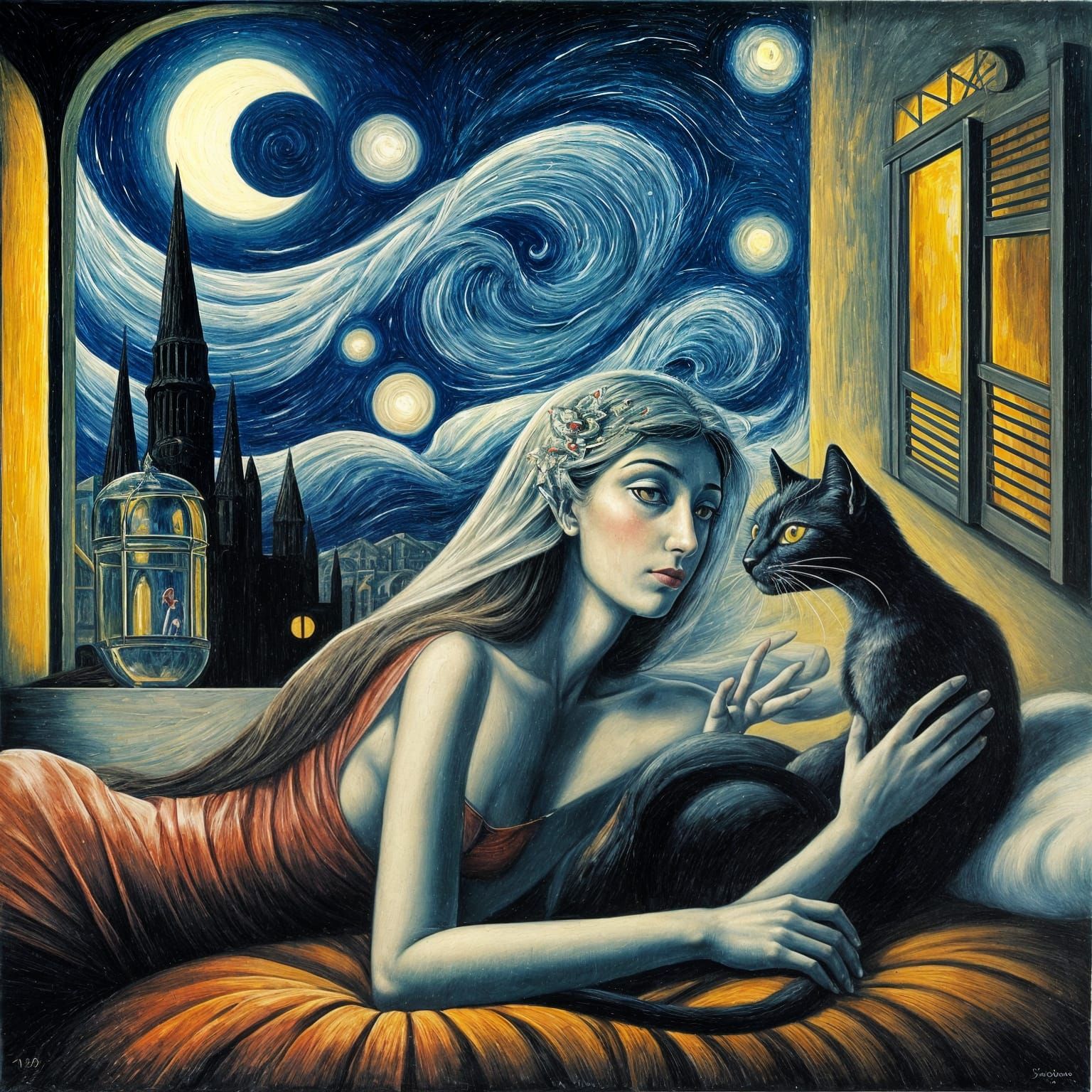 Woman and Black Cat at Night: Surrealist Oil Painting