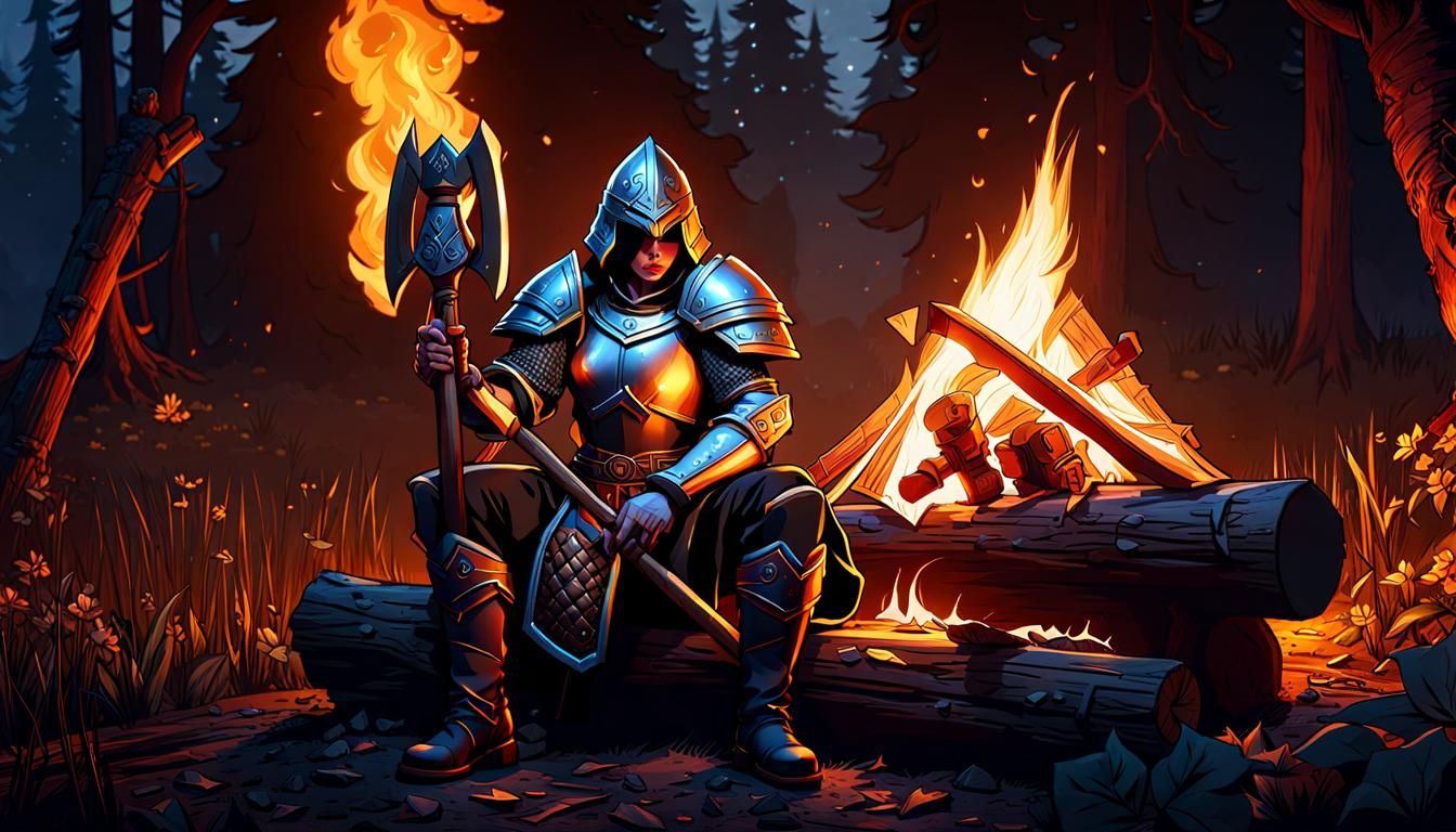 Mielikki in Dark Armor Sharpening Axe, Art Nouveau