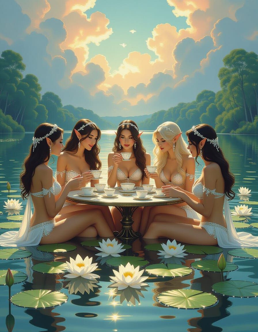 Elegant Elven Tea Party on a Lily Pad