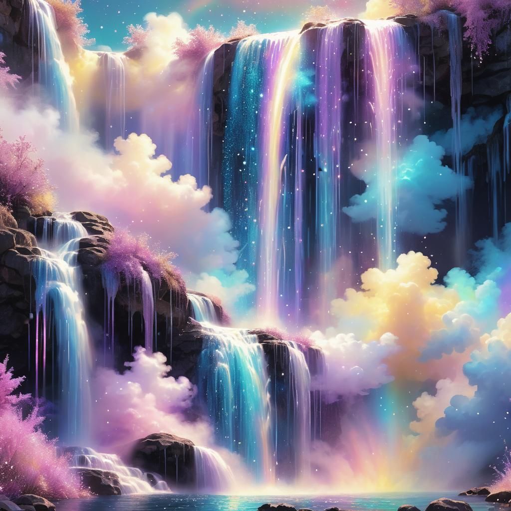 Pastel Cosmos: Ethereal Waterfall Paradise