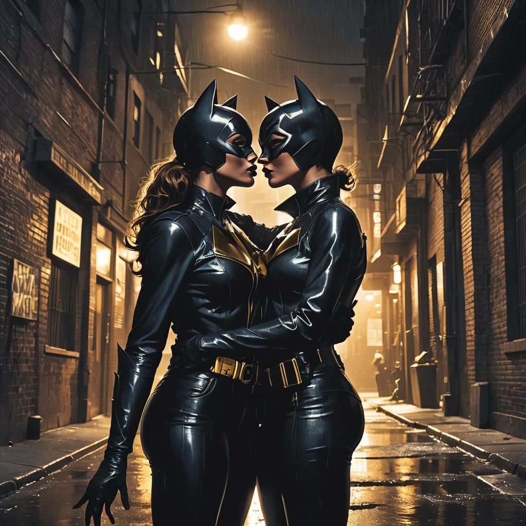 Catwoman and Batgirl's Kiss in Gotham: Film Noir