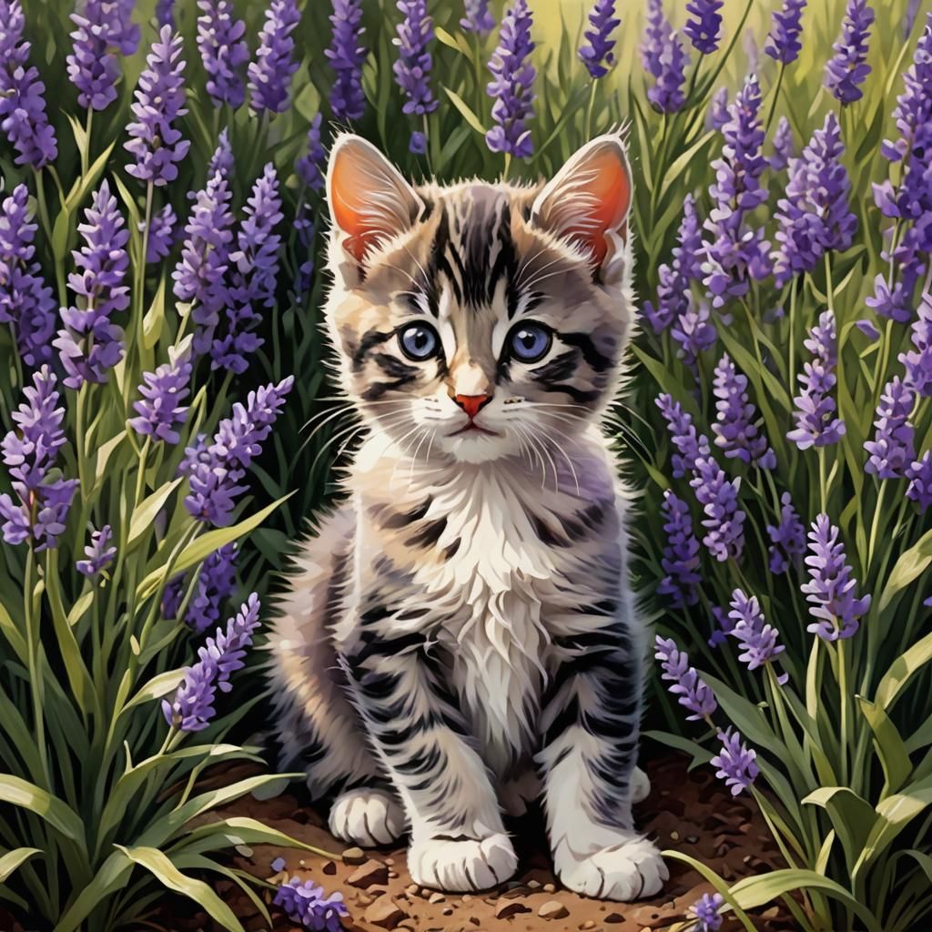 Kitten in Lavender Field: Classical Drawing