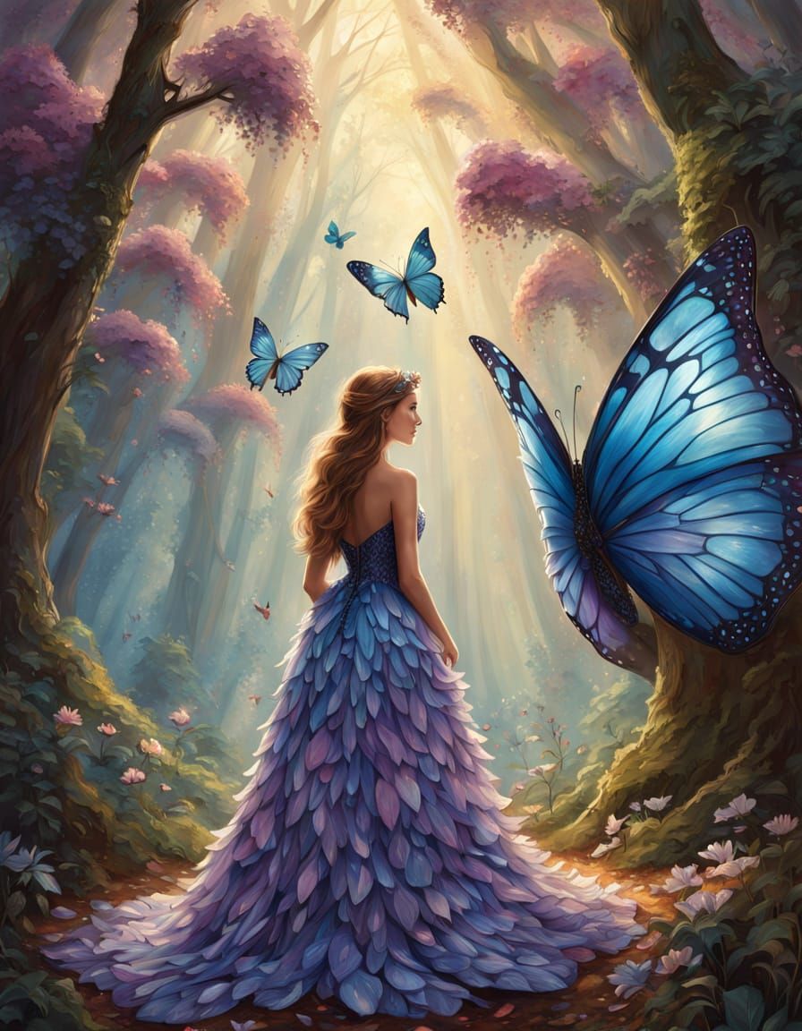 Woman with Butterfly Wings in Sunlit Forest
