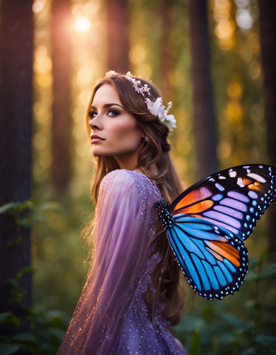 Surreal Butterfly Woman in Forest Clearing