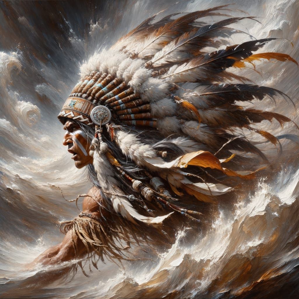 Native American Warrior Charges From Storm in Impasto Style