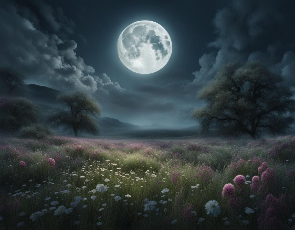 Wolf Howling at Moon over Flower Meadow
