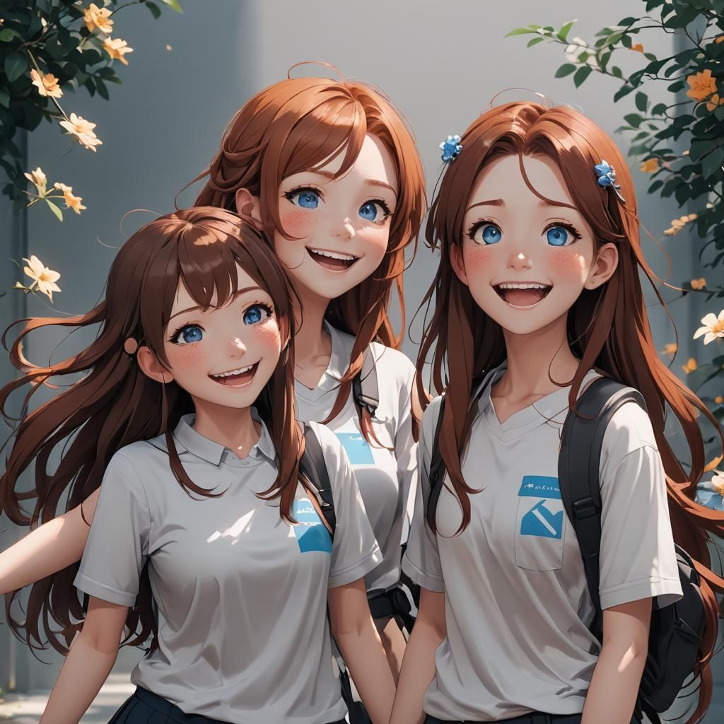 two teen girls laughing together while standing next to each other, one with ginger hair and grey eyes, the other with (...