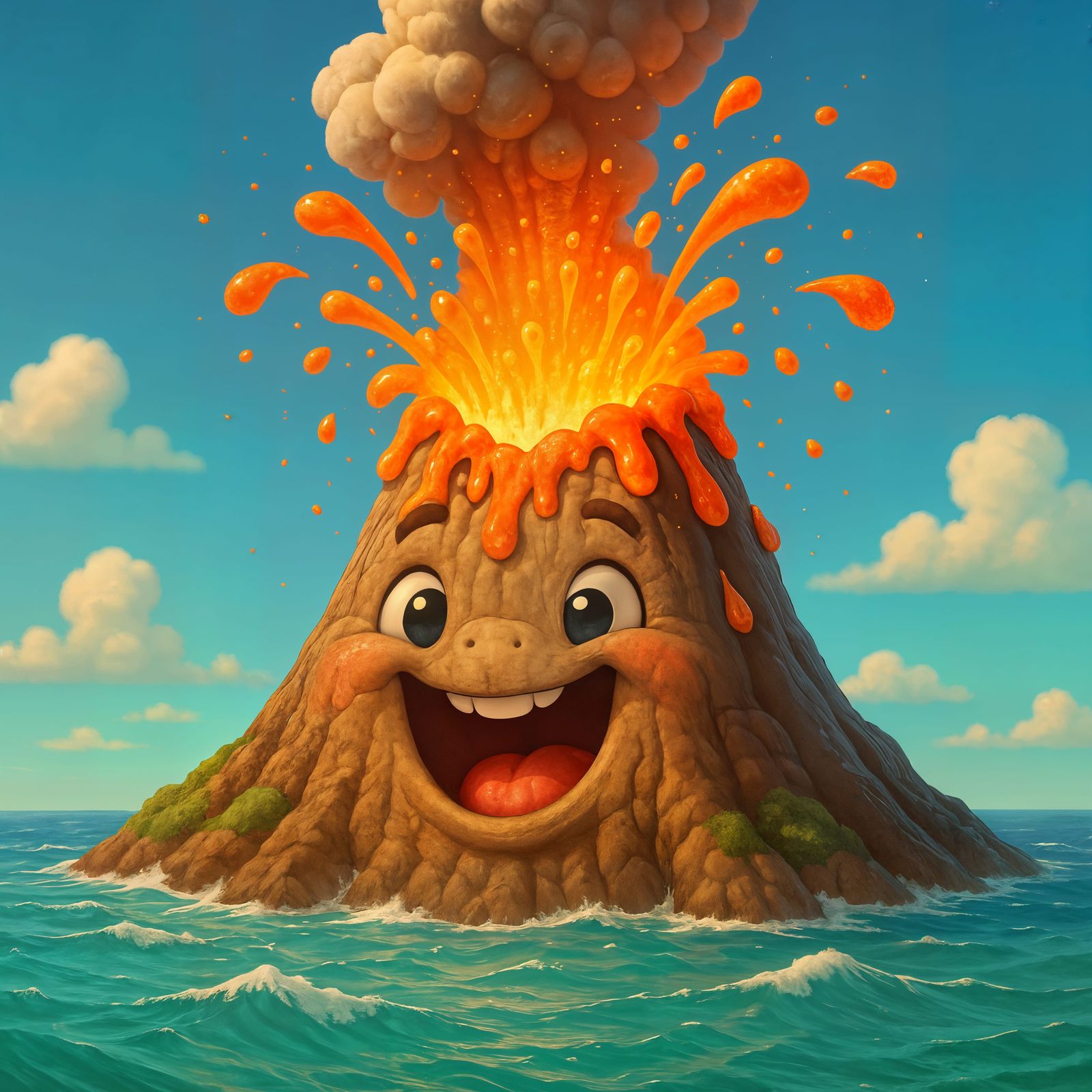 Happy CGI Volcano Exploding Lava in Ocean