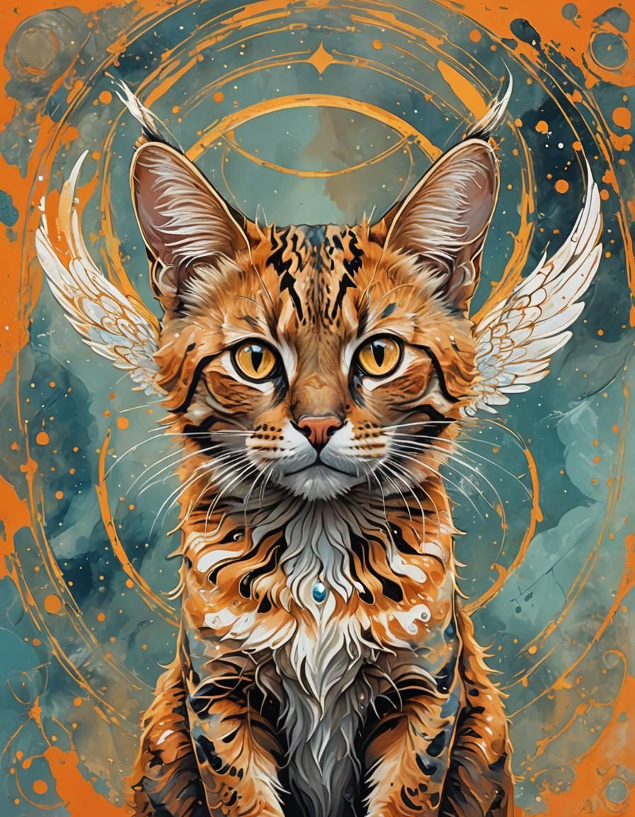 Orange Marbled Cat with Angel Wings in Heaven