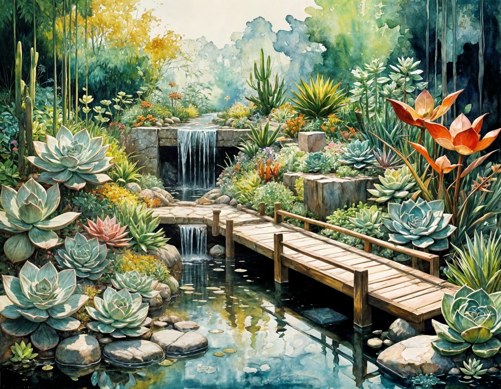 Sculptural Cel-Shaded Zen Garden with Waterfall