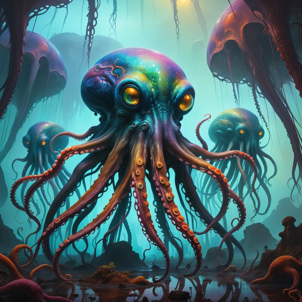 Octopus-Elephant Aliens in Unearthly Biome, Digital Art