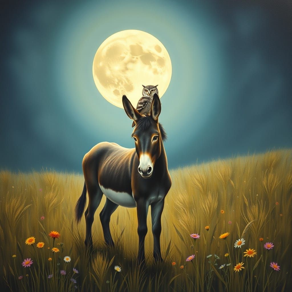 Moonlit Donkey and Owl in Whimsical Wildflower Scene
