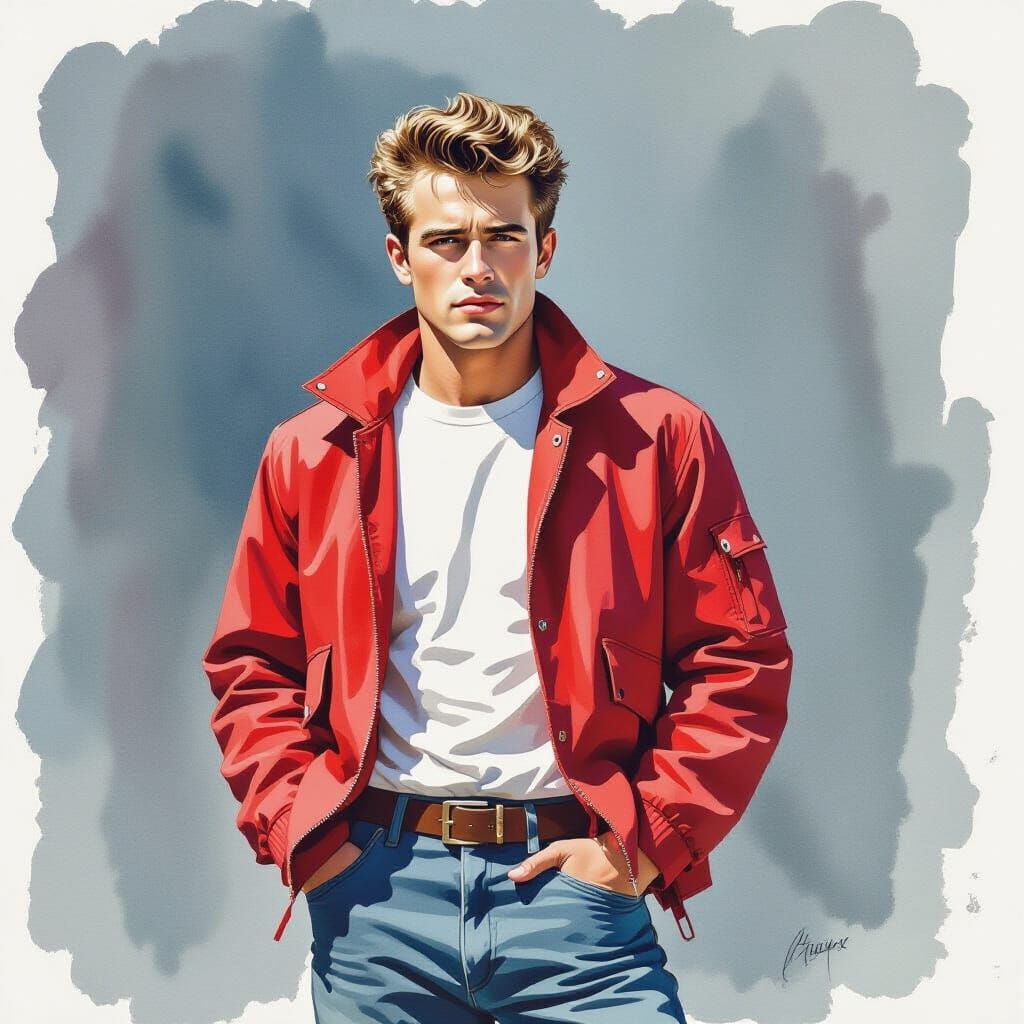 James Dean as Rebel Without a Cause, Watercolor Painting