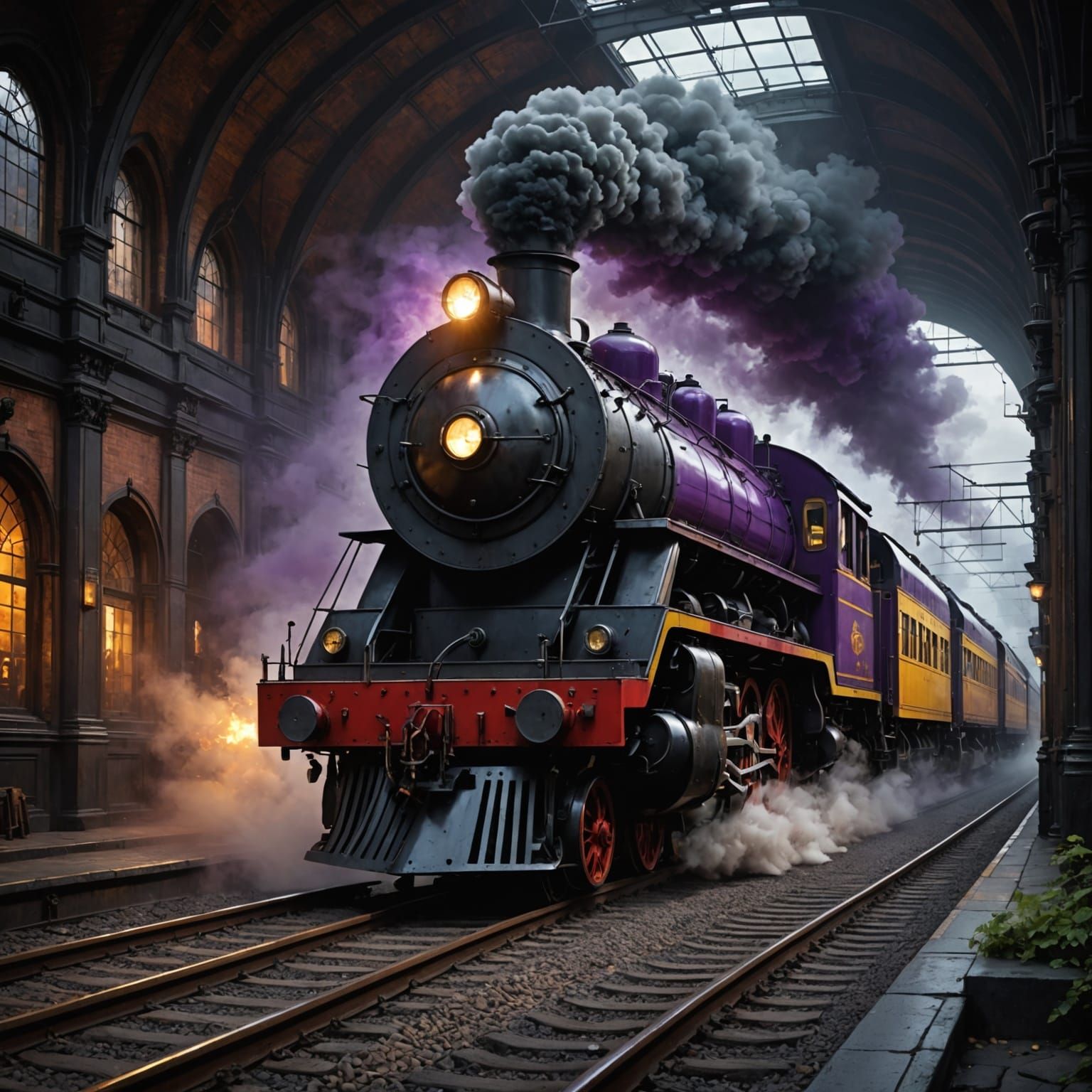 Epic Train Journey in Dark Fantasy Style