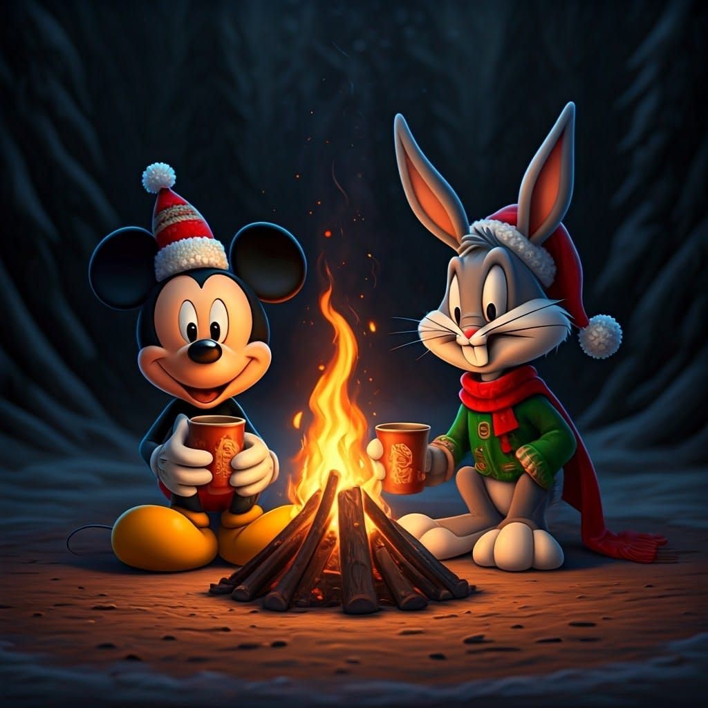 Mickey Mouse and Bugs Bunny Enjoy Christmas Campfire
