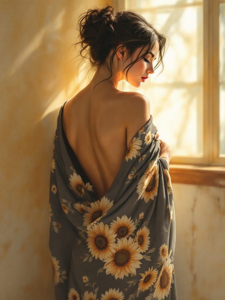 Woman in Sunlight with Floral Wrap, Romantic Naturalism