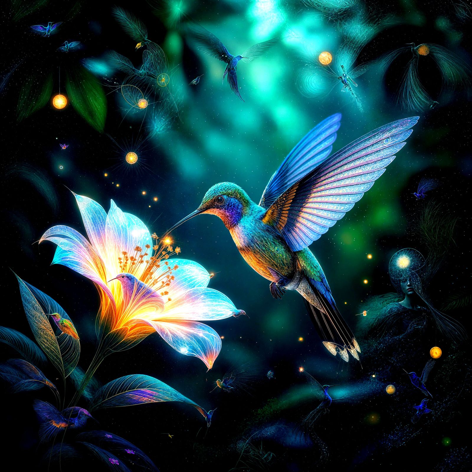 Bioluminescent Hummingbird Sipping Nectar: Hyperrealistic Di...