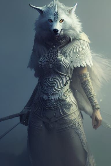 Detailed White Wolf Warrior Woman Digital Painting