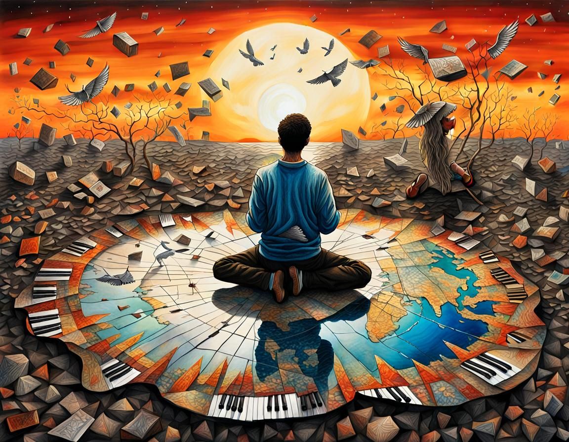 Surreal Drawing: Wounded World by Sunset