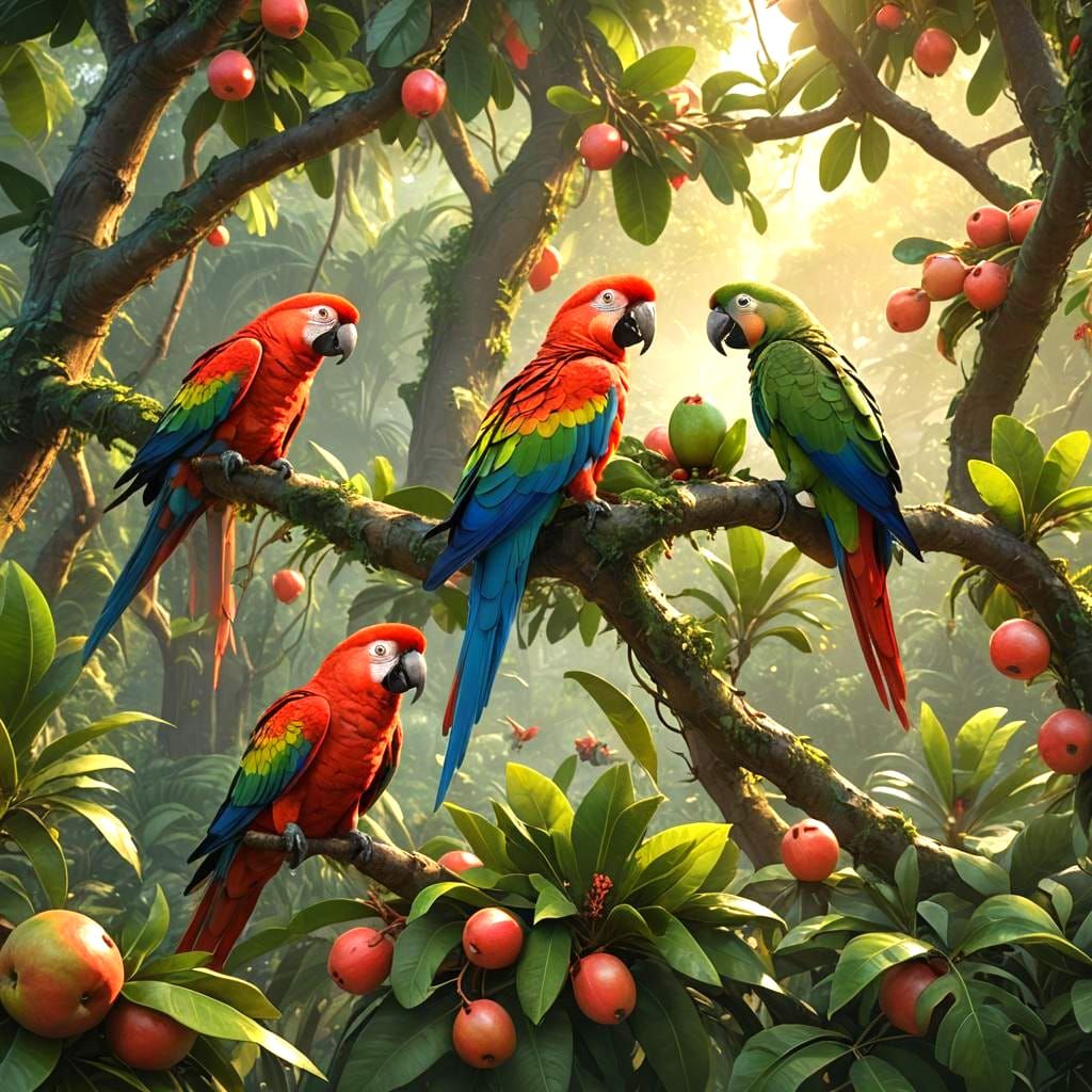 Parrots Eating Guava in a Detailed Matte Painting