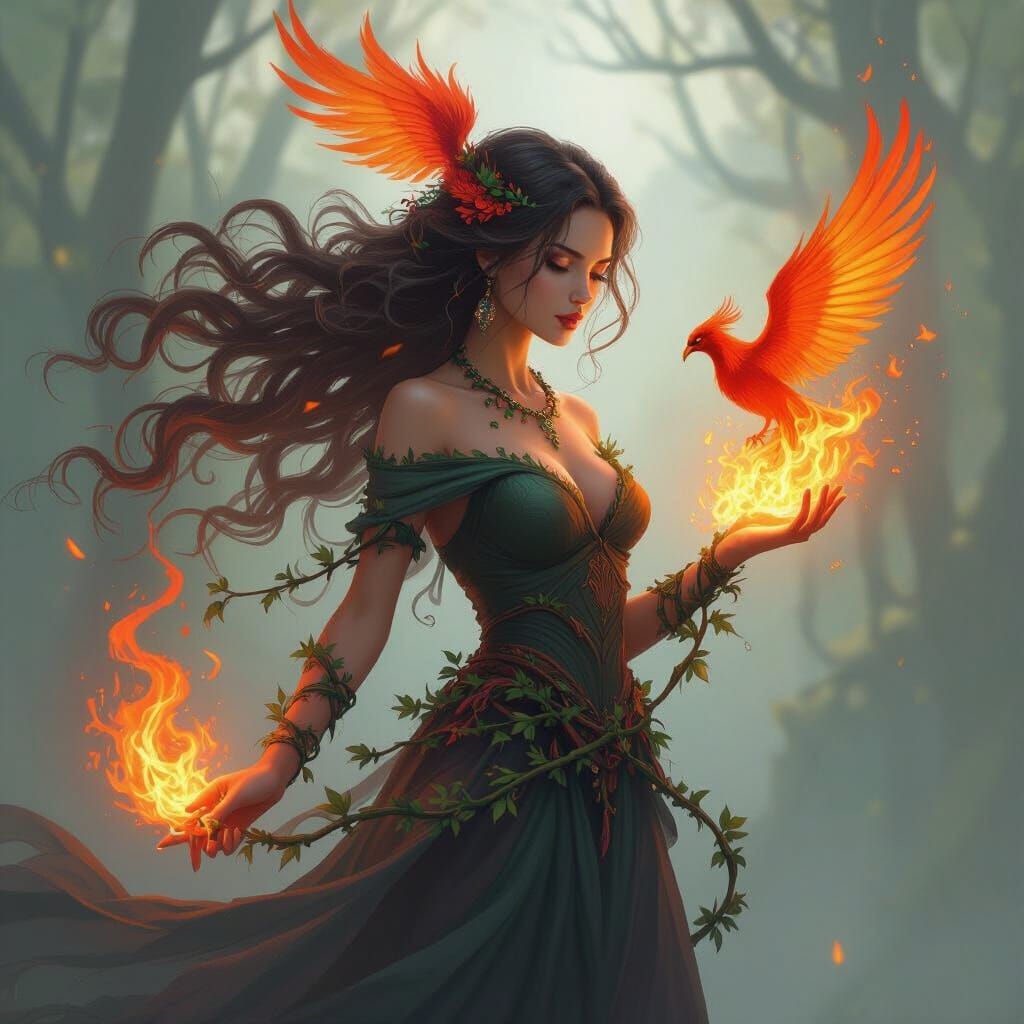 Mystical Phoenix Woman Wielding Fire and Earth