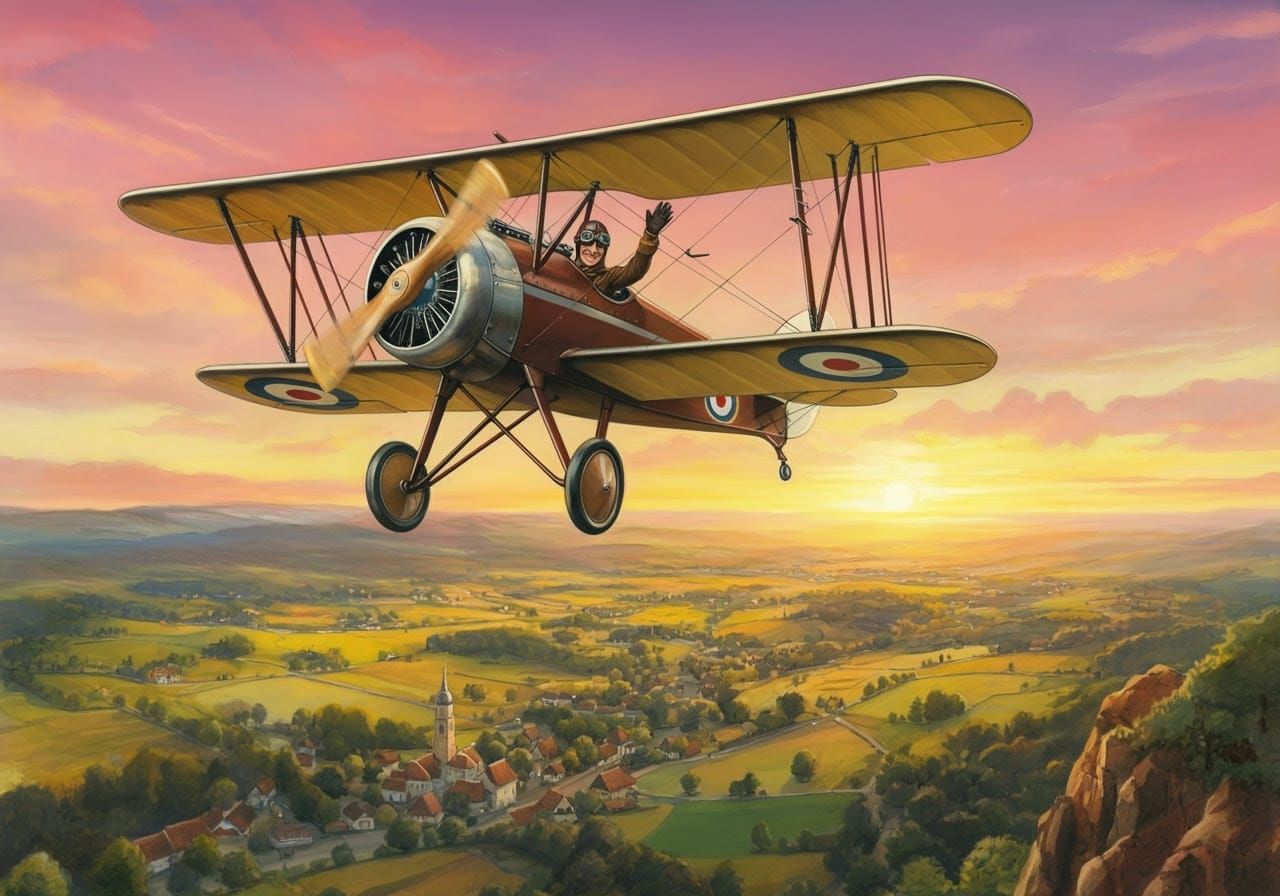 Vintage Biplane Soaring Through Sunset Sky