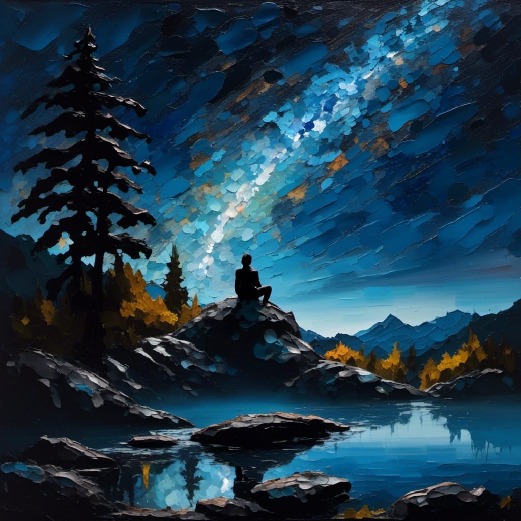 Starlit Silhouette: Impasto Night Landscape