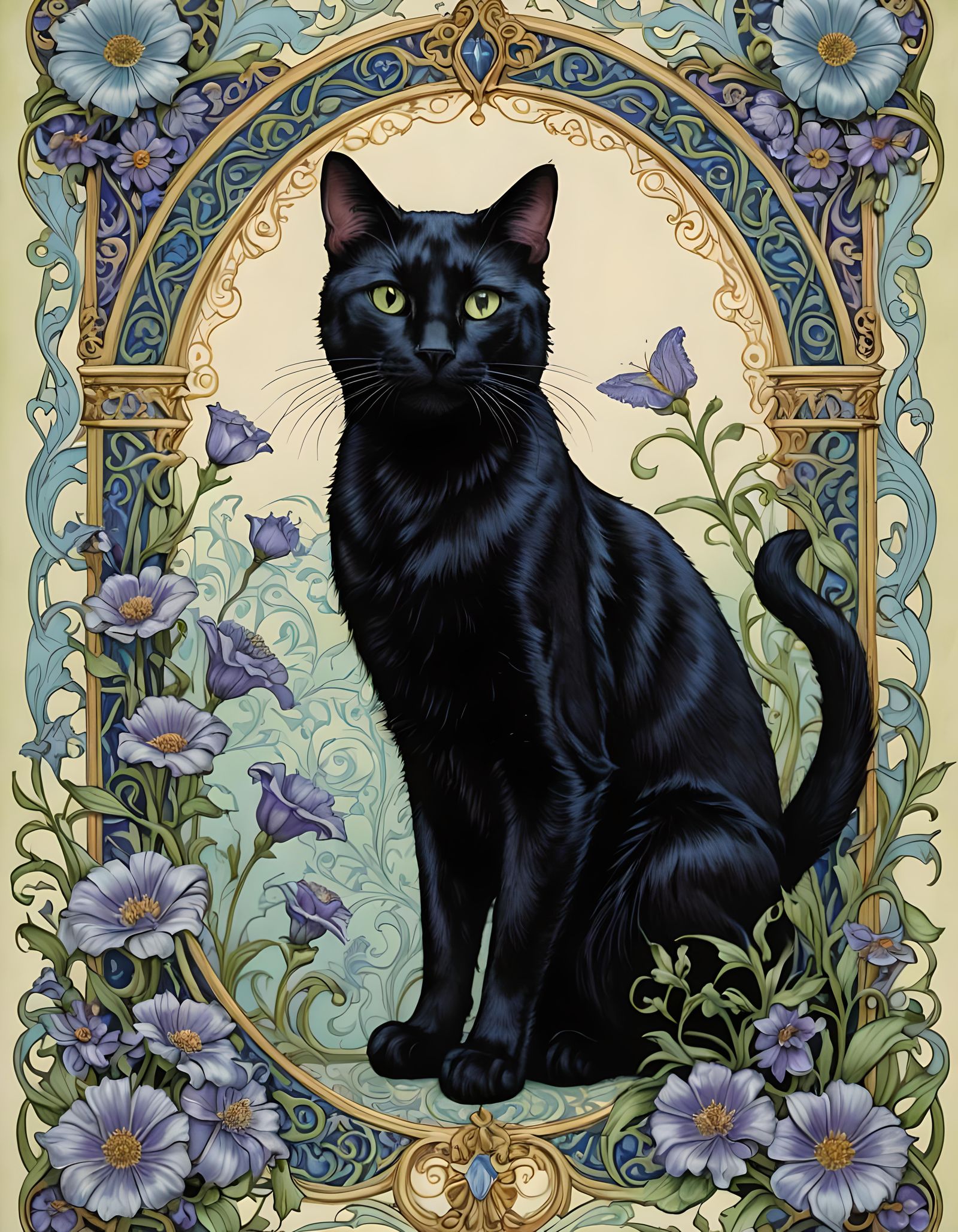 Elegant Black Cat Portrait with Art Nouveau Floral Border