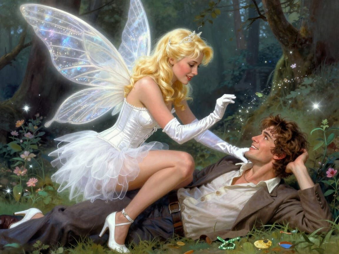Winged Fairy Teases Man in Dreamlike Magic Scene