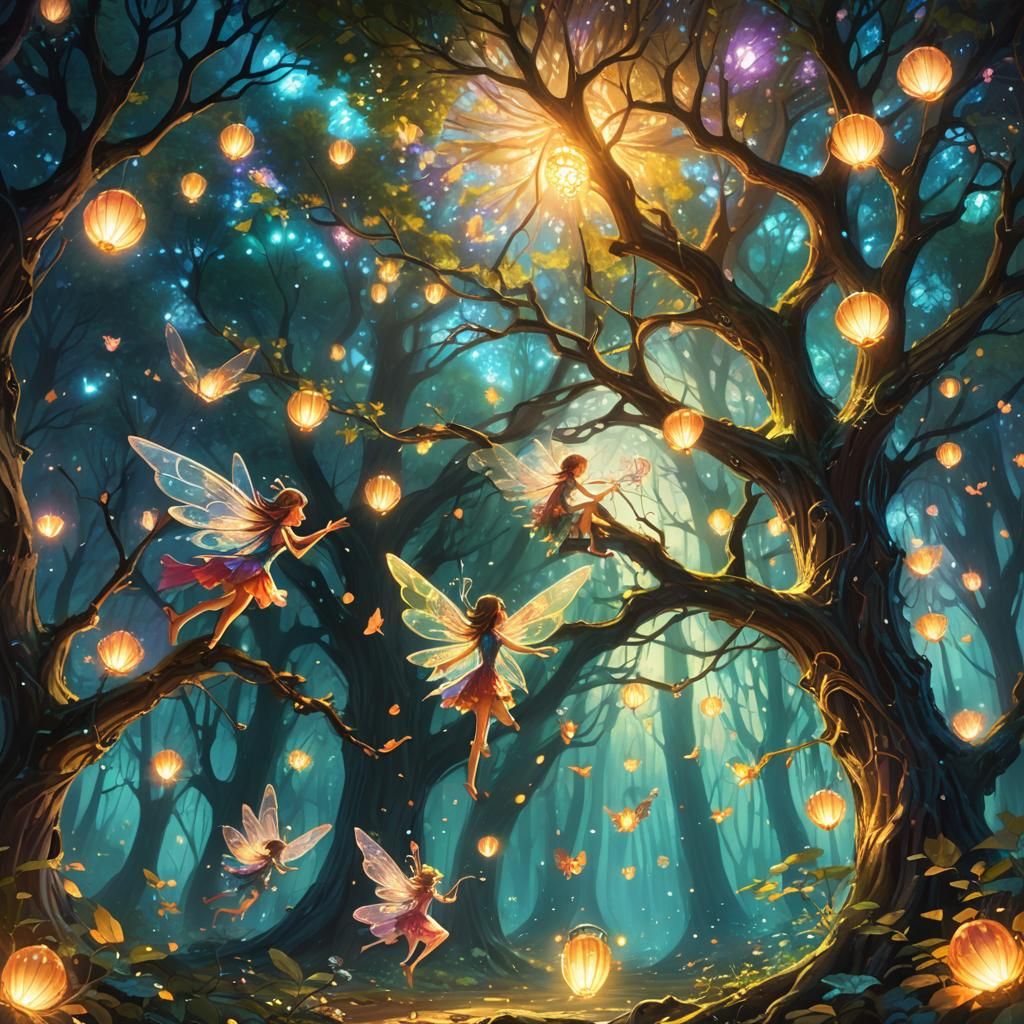 Psychedelic Fairies Around Great Tree, Fantasy Art