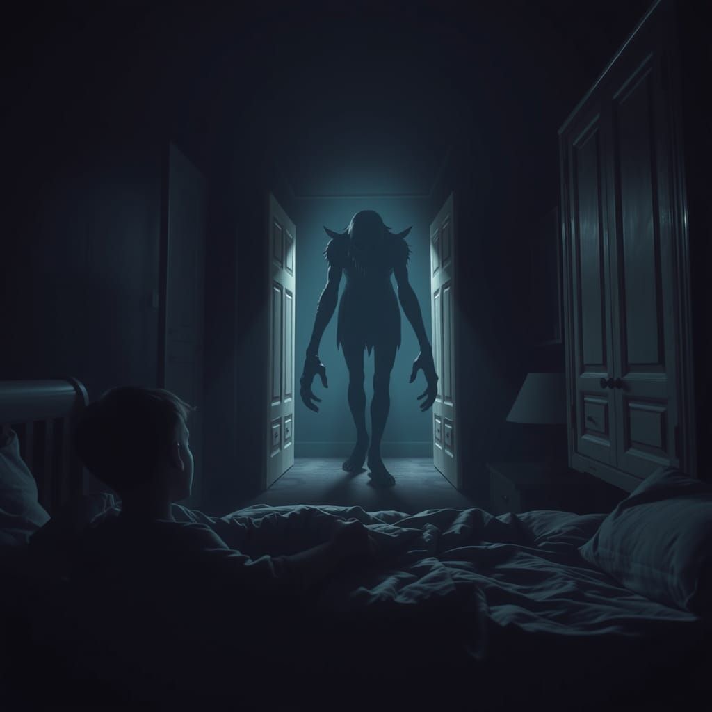 Eerie Shadow Figure in Dark Hallway, Gothic Horror Style