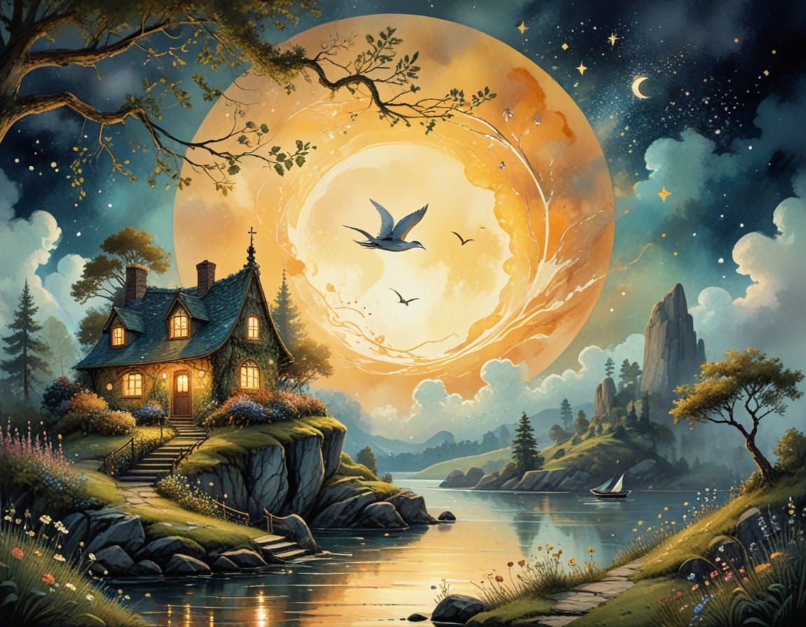 Dreamy Woman Sits on Crescent Moon with Whimsical Decoration...