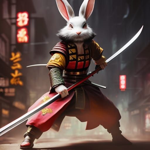 Rabbit Samurai in Chinatown: Hyperdetailed Fantasy Art