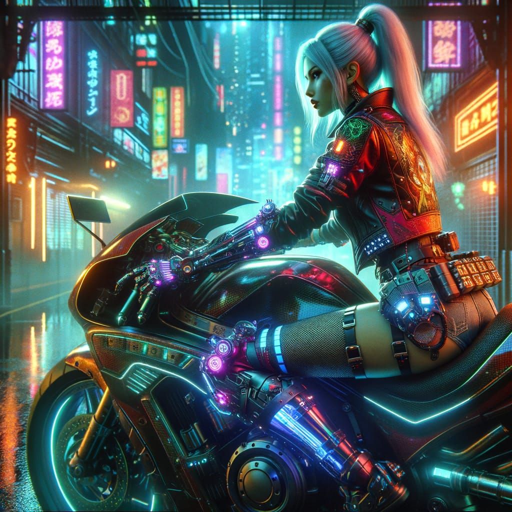 Cyberpunk Biker Rides Through Neon City Streets