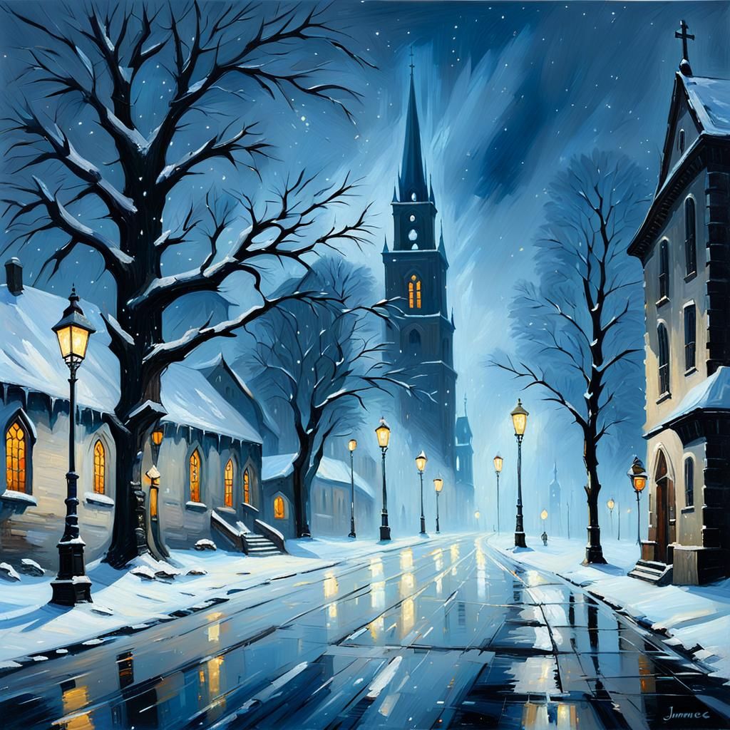 Winter Landscape with Church, Icy Road, in Oil Painting Styl...