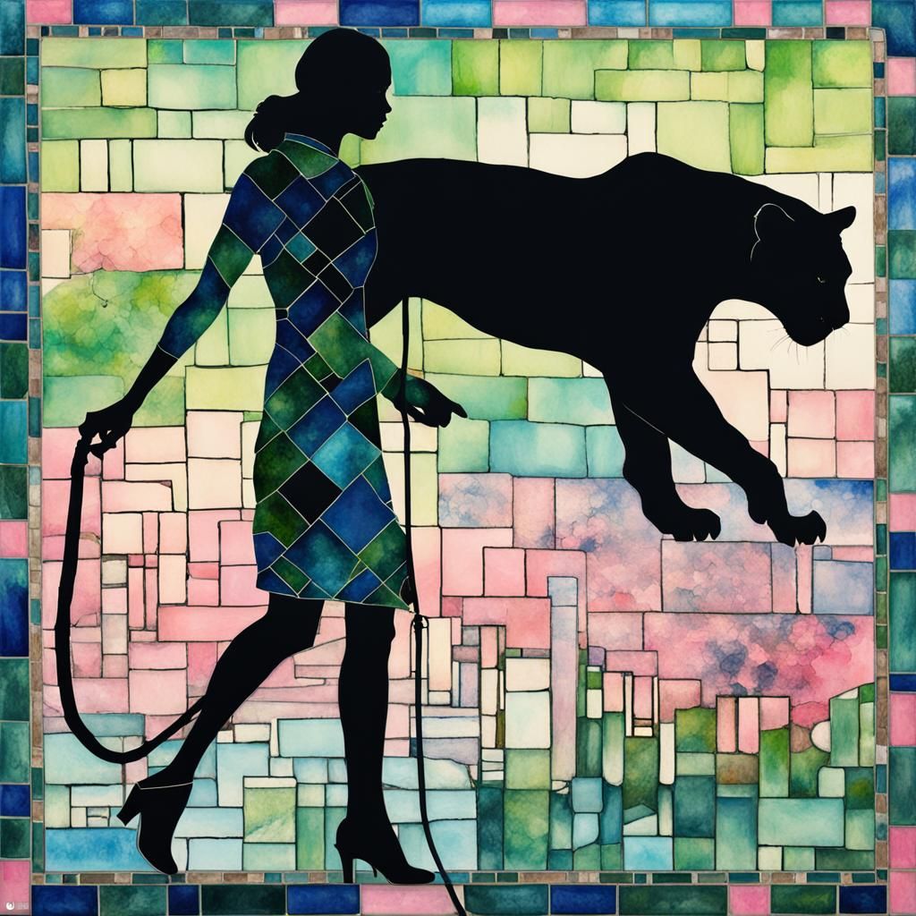 Woman and Panther in Cityscape Silhouette Art